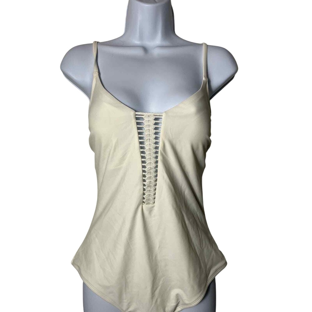 Cupshe Emerge Plunge Crochet Classic One Piece cream boho pool swimsuit swim new